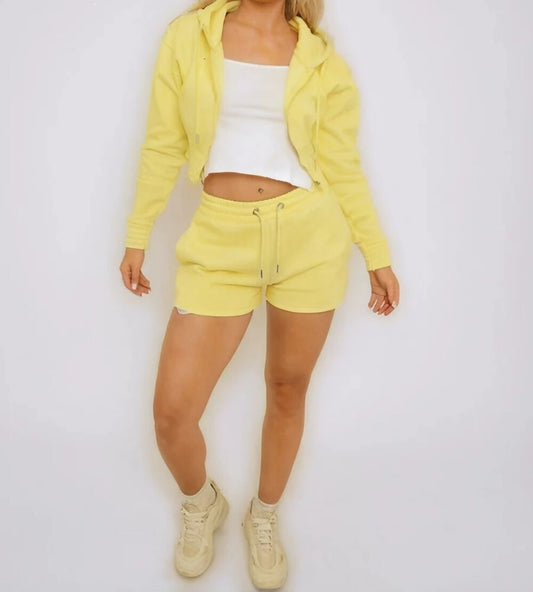 Yellow Cropped Zipped Hoodie And Short Co-Ords Set