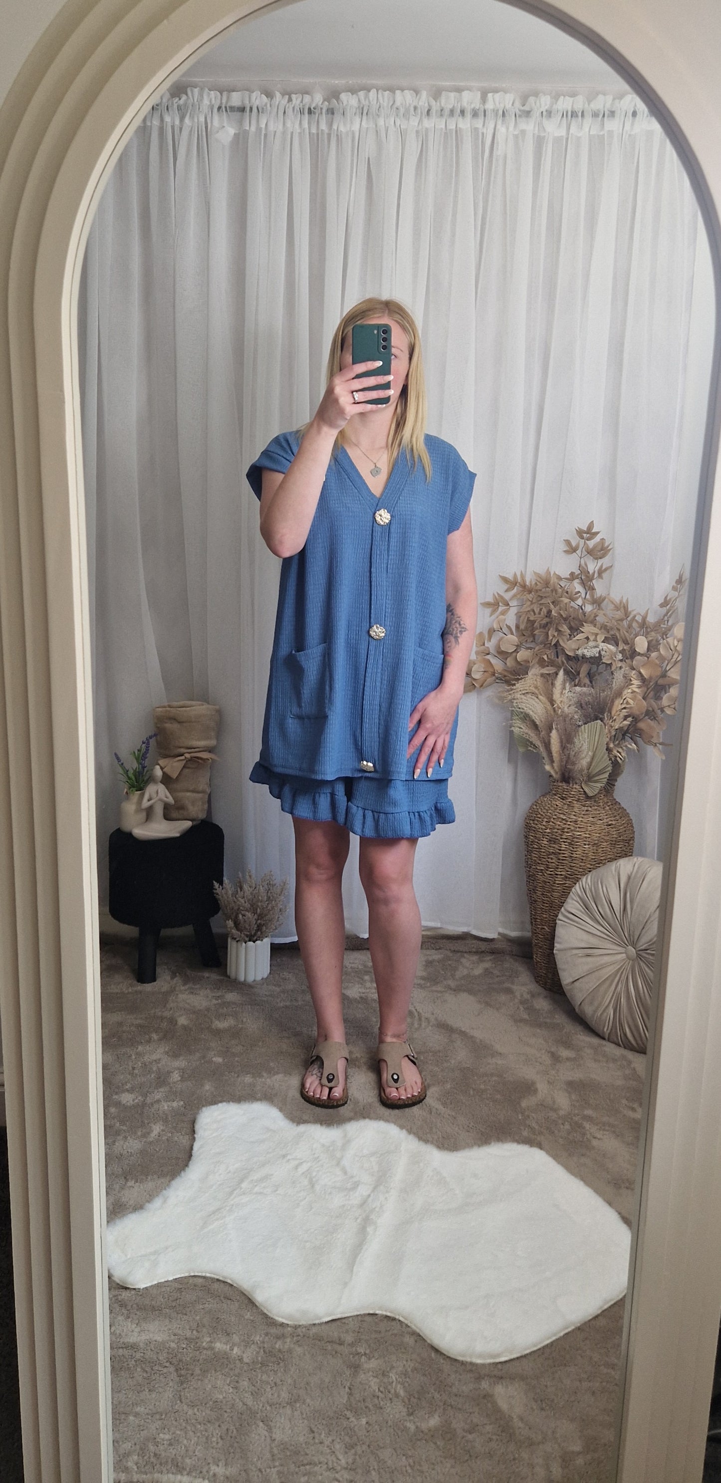Gold Button Cheesecloth Waistcoat And Shorts C0o-Ord