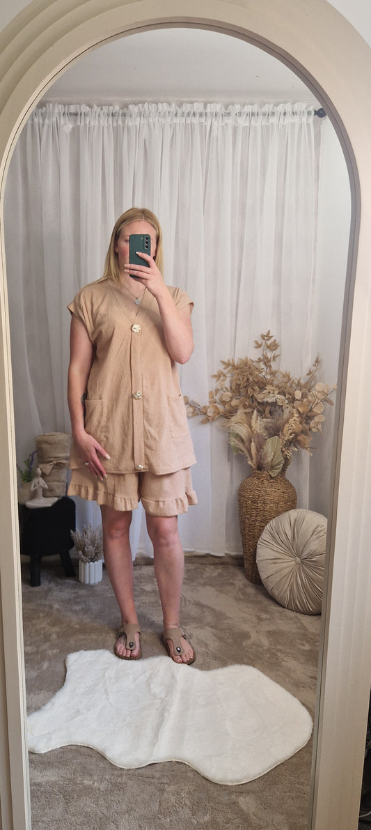 Gold Button Cheesecloth Waistcoat And Shorts C0o-Ord